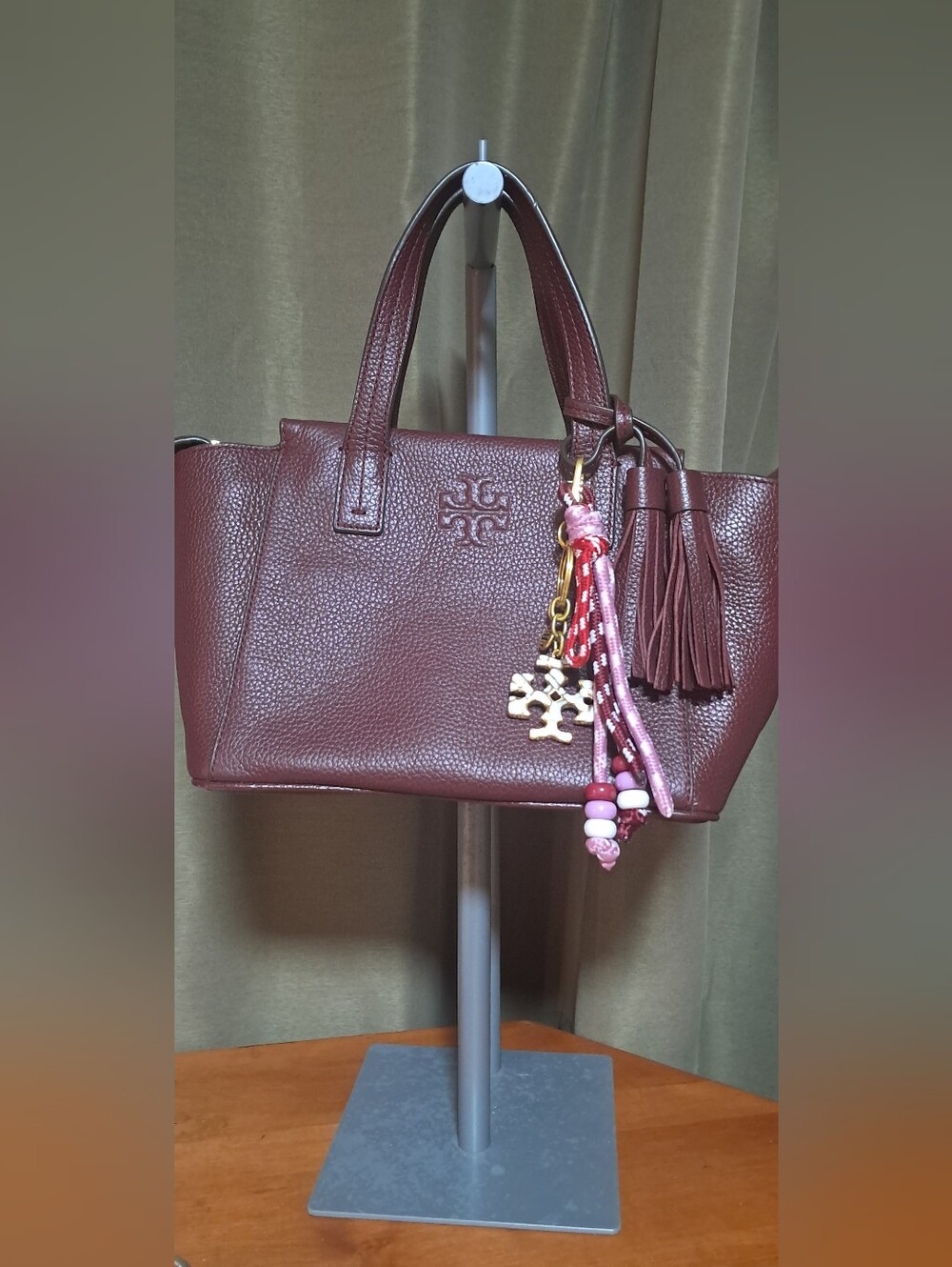 Tory Burch Mini Tote in Burgundy with Tassel And TB Key Chain - Picture 12 of 13